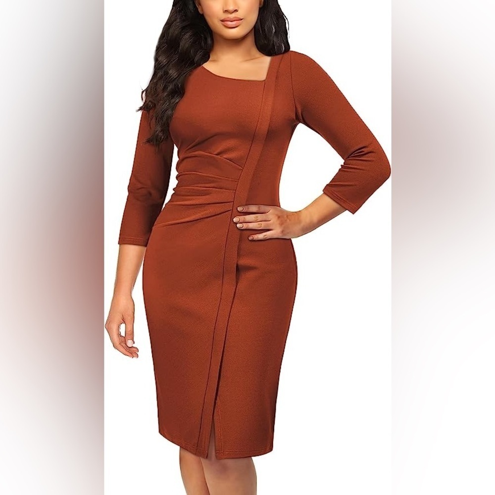 NEW AISIZE Retro Classy V-Neck Stretch Business Wrap Bodycon Dress RUST RED - M﻿